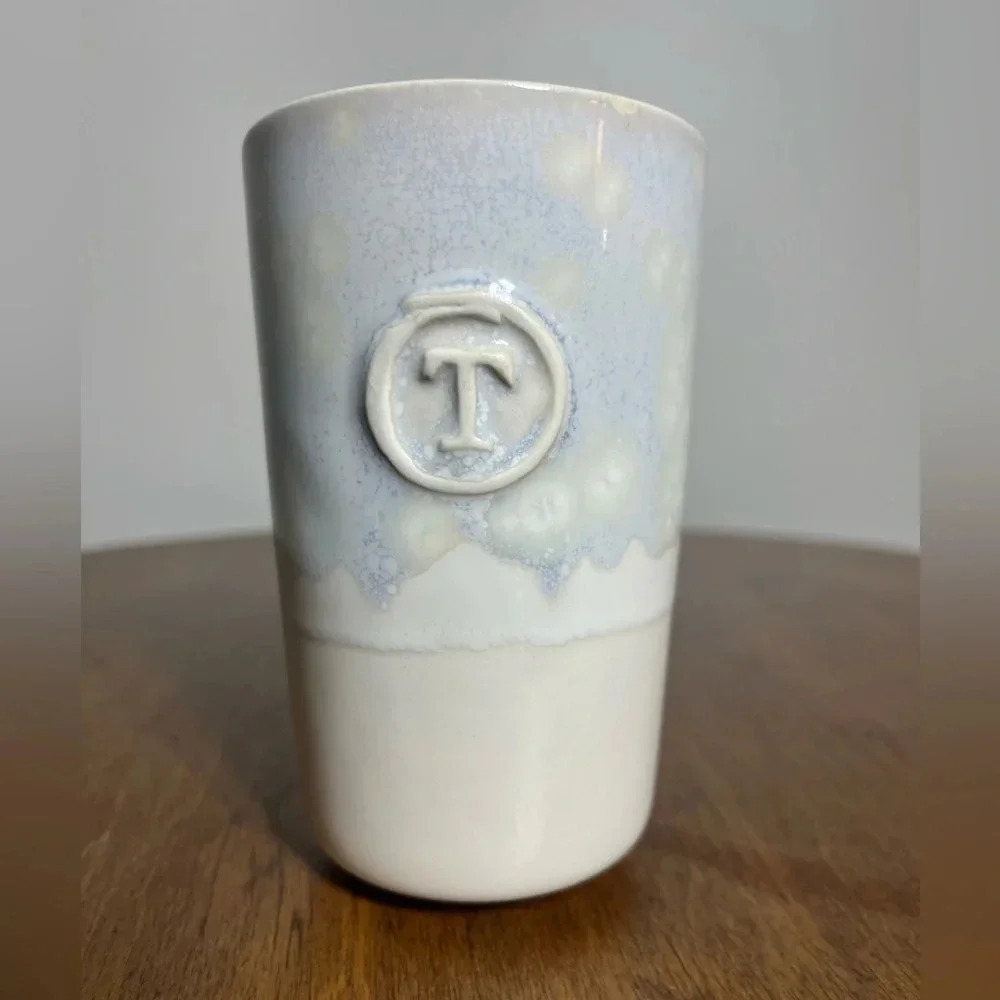 Anthropologie Wanda monogram tumbler “T”‎ stoneware mug